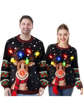 Medium Black Reindeer LED Light Up Ugly Christmas Sweater for Couples